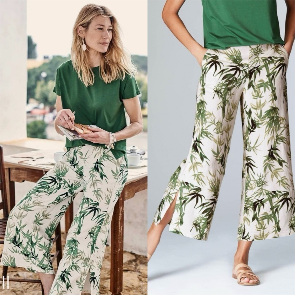 J.Jill Linen Blend Bamboo Print Wide Leg Slit Hem Pants M